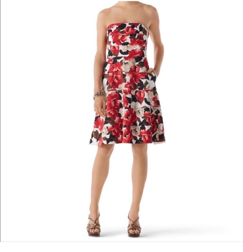 White House Black Market Strapless Red Floral Fit & Flare Dress Size 12